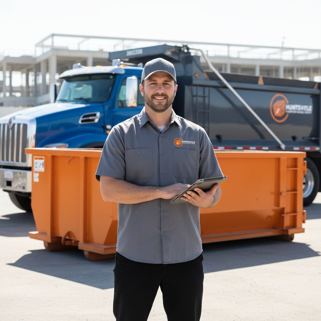 A professional Huntsville Dumpster Rental staff using a tablet to manage roll-off dumpster delivery logistics