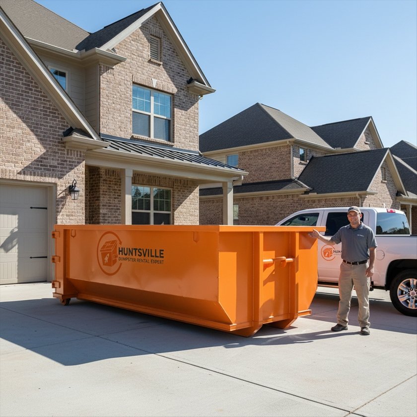 A large orange roll-off dumpster delivered to a residential driveway in Huntsville, AL